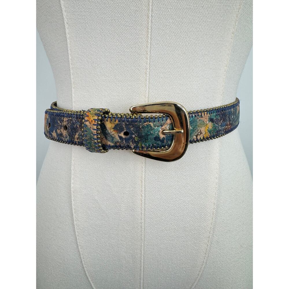 Vintage belt women's S/M watercolor abstract print beaded leather blue gold boho